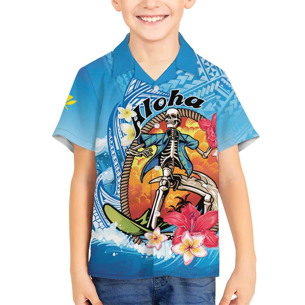 Personalized Aloha Hawaii Skeleton Surfing Kid Hawaiian Shirt Tribal Shark Plumeria LT01 Kid Blue - Polynesian Pride