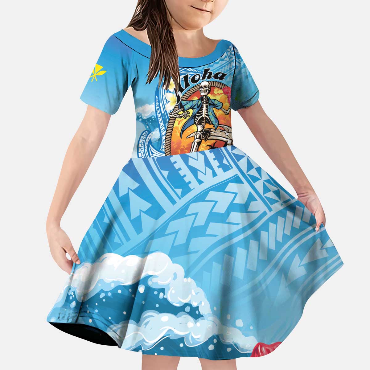 Personalized Aloha Hawaii Skeleton Surfing Kid Short Sleeve Dress Tribal Shark Plumeria LT01 KID Blue - Polynesian Pride