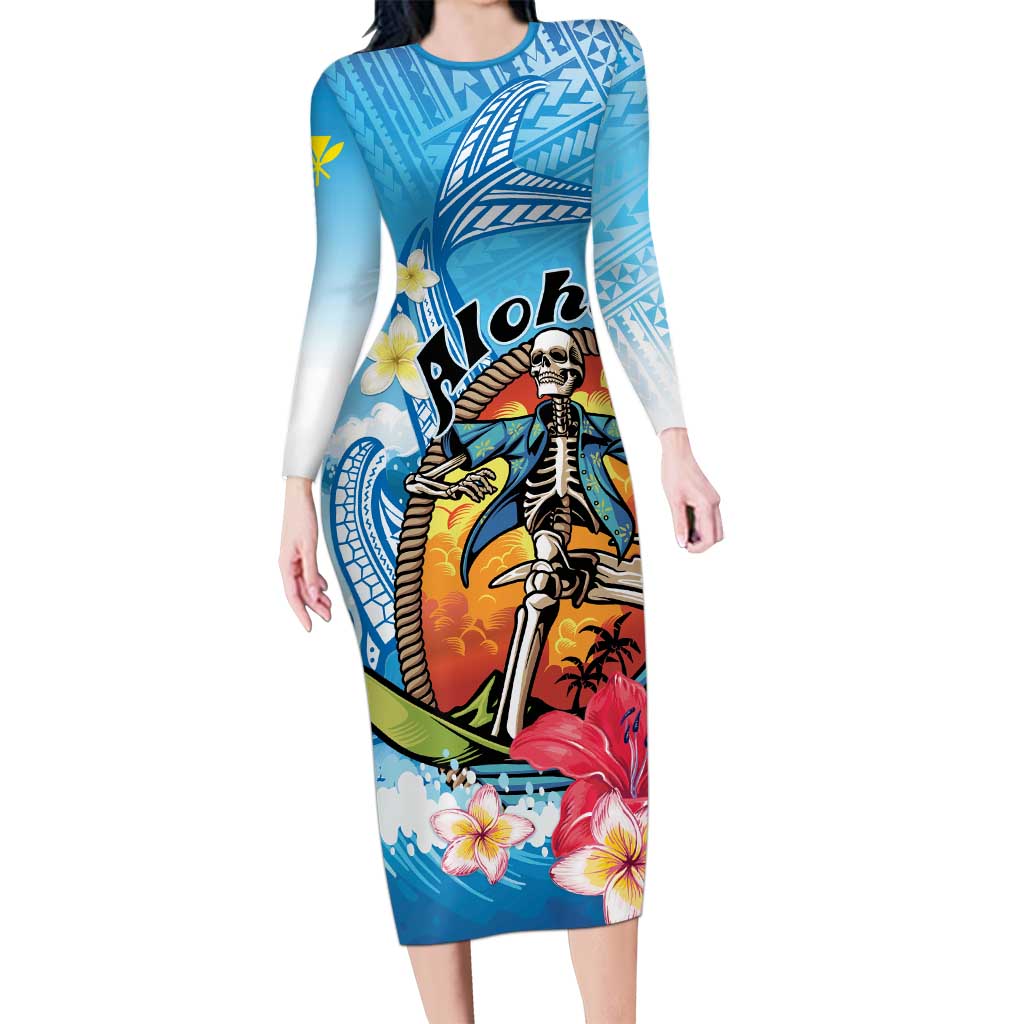 Personalized Aloha Hawaii Skeleton Surfing Long Sleeve Bodycon Dress Tribal Shark Plumeria LT01 Long Dress Blue - Polynesian Pride