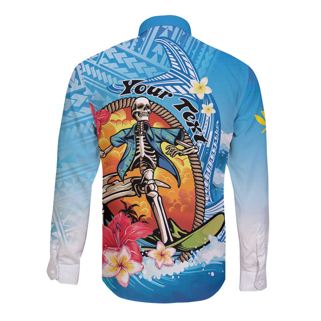 Personalized Aloha Hawaii Skeleton Surfing Long Sleeve Button Shirt Tribal Shark Plumeria LT01 - Polynesian Pride