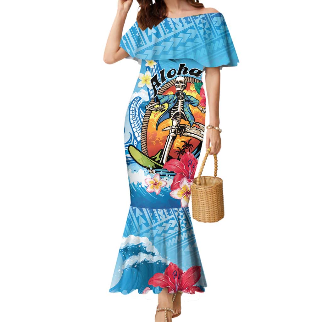 Personalized Aloha Hawaii Skeleton Surfing Mermaid Dress Tribal Shark Plumeria LT01 Women Blue - Polynesian Pride