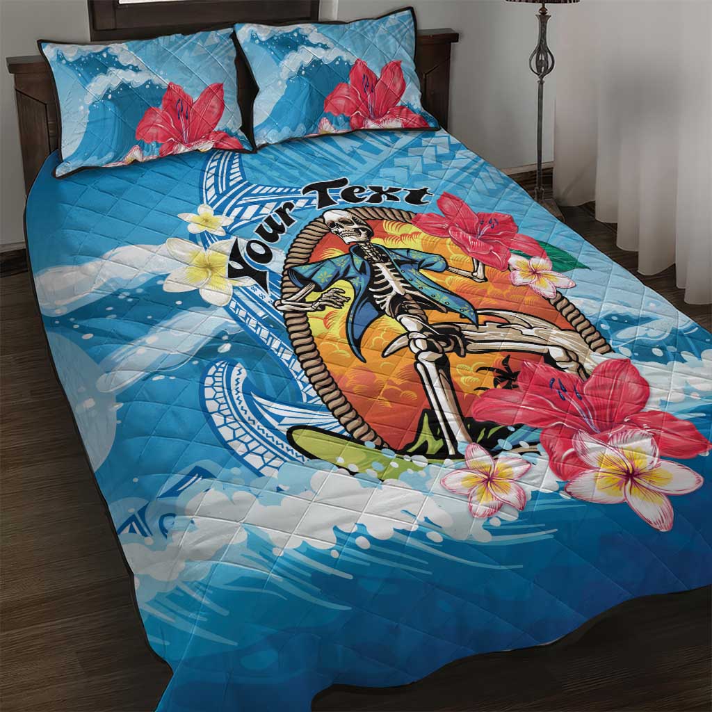 Personalized Aloha Hawaii Skeleton Surfing Quilt Bed Set Tribal Shark Plumeria LT01 Blue - Polynesian Pride