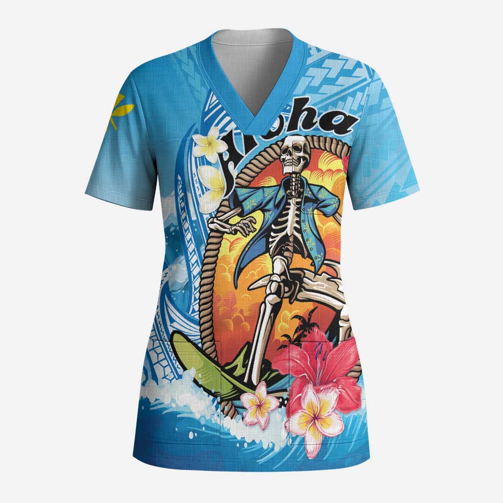 Personalized Aloha Hawaii Skeleton Surfing Scrub Top Tribal Shark Plumeria LT01 Adult Blue - Polynesian Pride