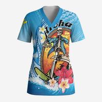 Personalized Aloha Hawaii Skeleton Surfing Scrub Top Tribal Shark Plumeria LT01 Adult Blue - Polynesian Pride