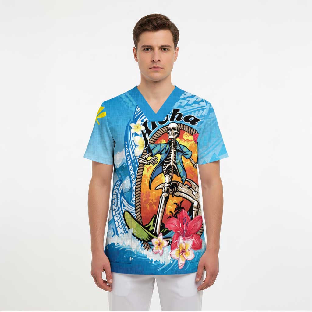 Personalized Aloha Hawaii Skeleton Surfing Scrub Top Tribal Shark Plumeria LT01 - Polynesian Pride