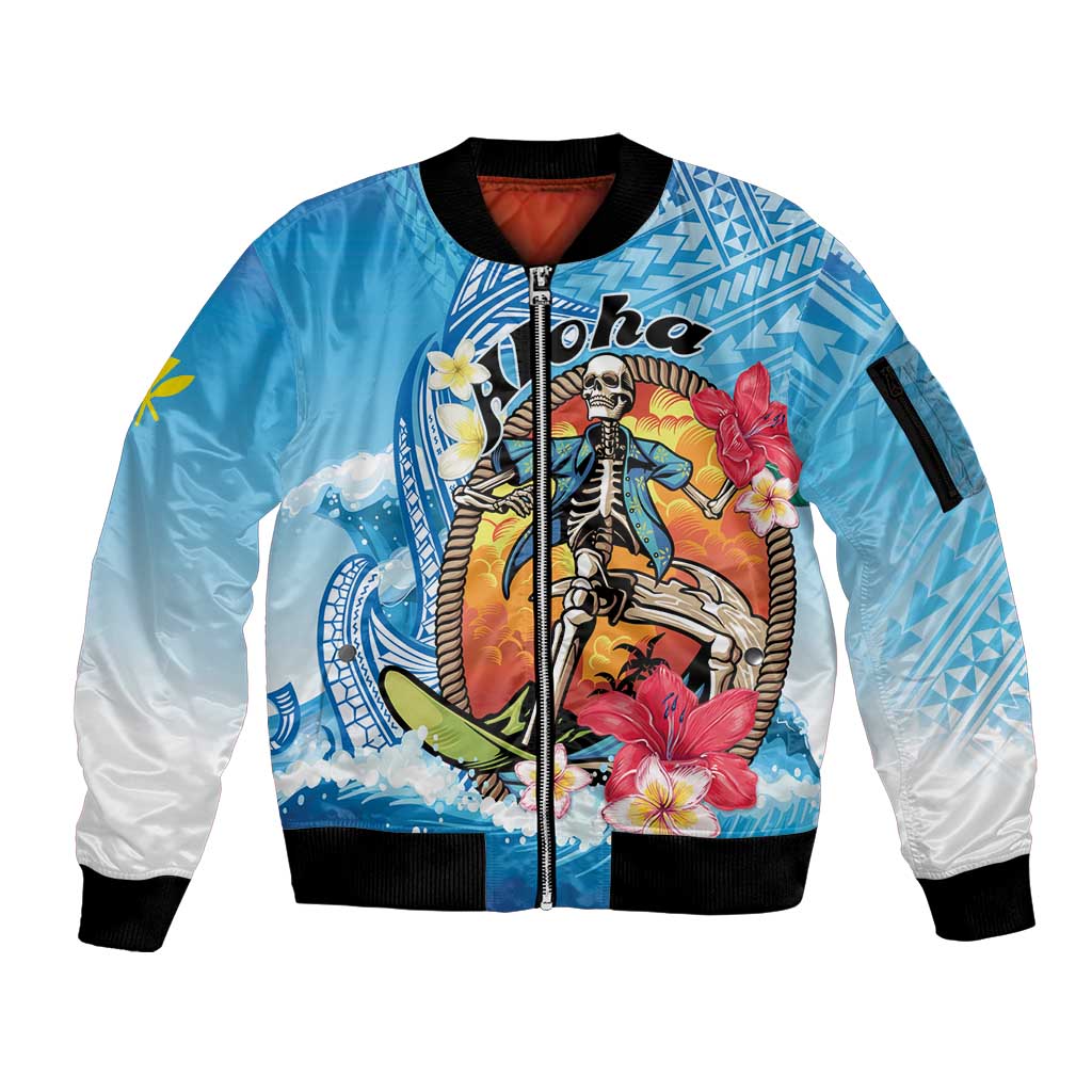 Personalized Aloha Hawaii Skeleton Surfing Sleeve Zip Bomber Jacket Tribal Shark Plumeria LT01 Unisex Blue - Polynesian Pride