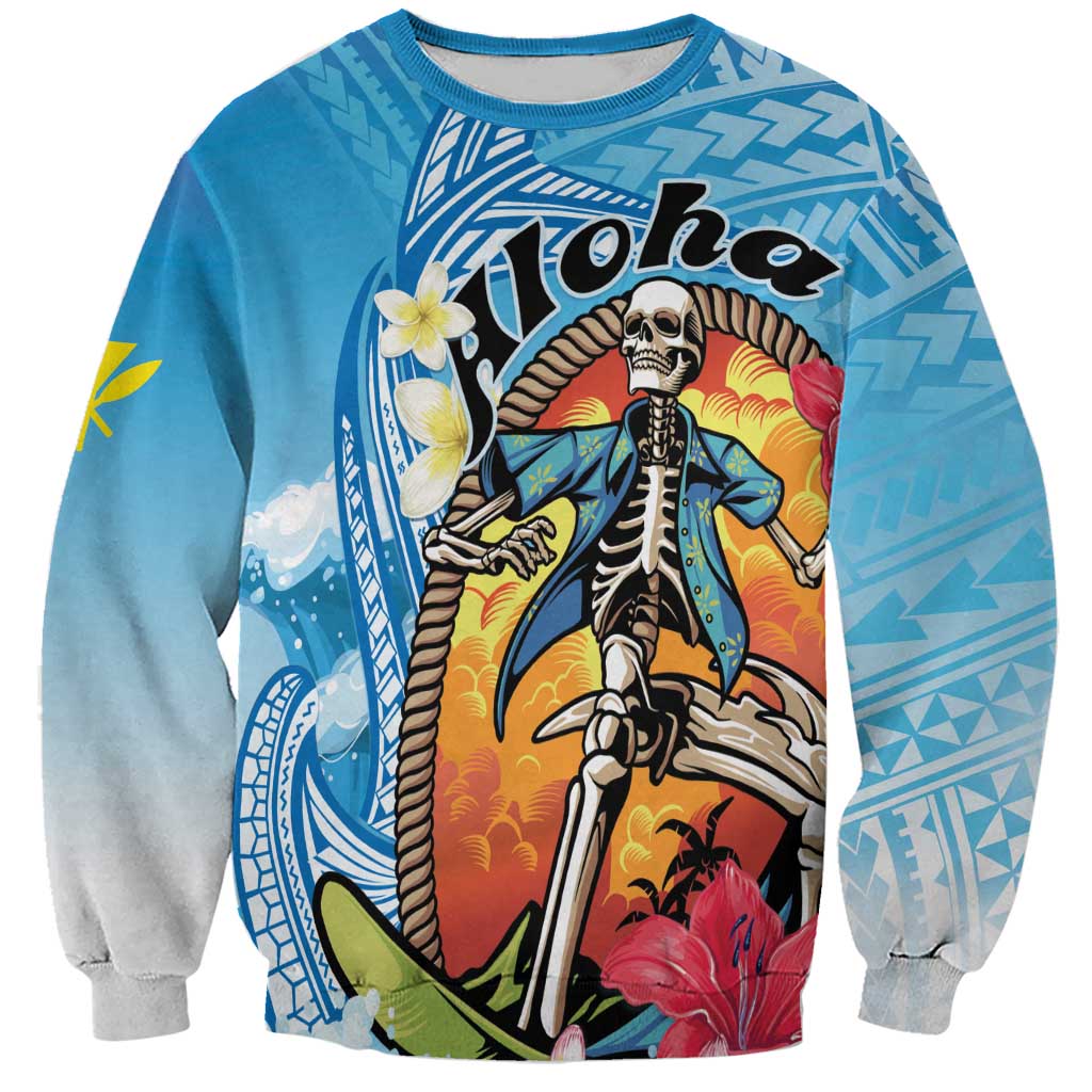 Personalized Aloha Hawaii Skeleton Surfing Sweatshirt Tribal Shark Plumeria LT01 Unisex Blue - Polynesian Pride