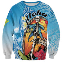Personalized Aloha Hawaii Skeleton Surfing Sweatshirt Tribal Shark Plumeria LT01 Unisex Blue - Polynesian Pride