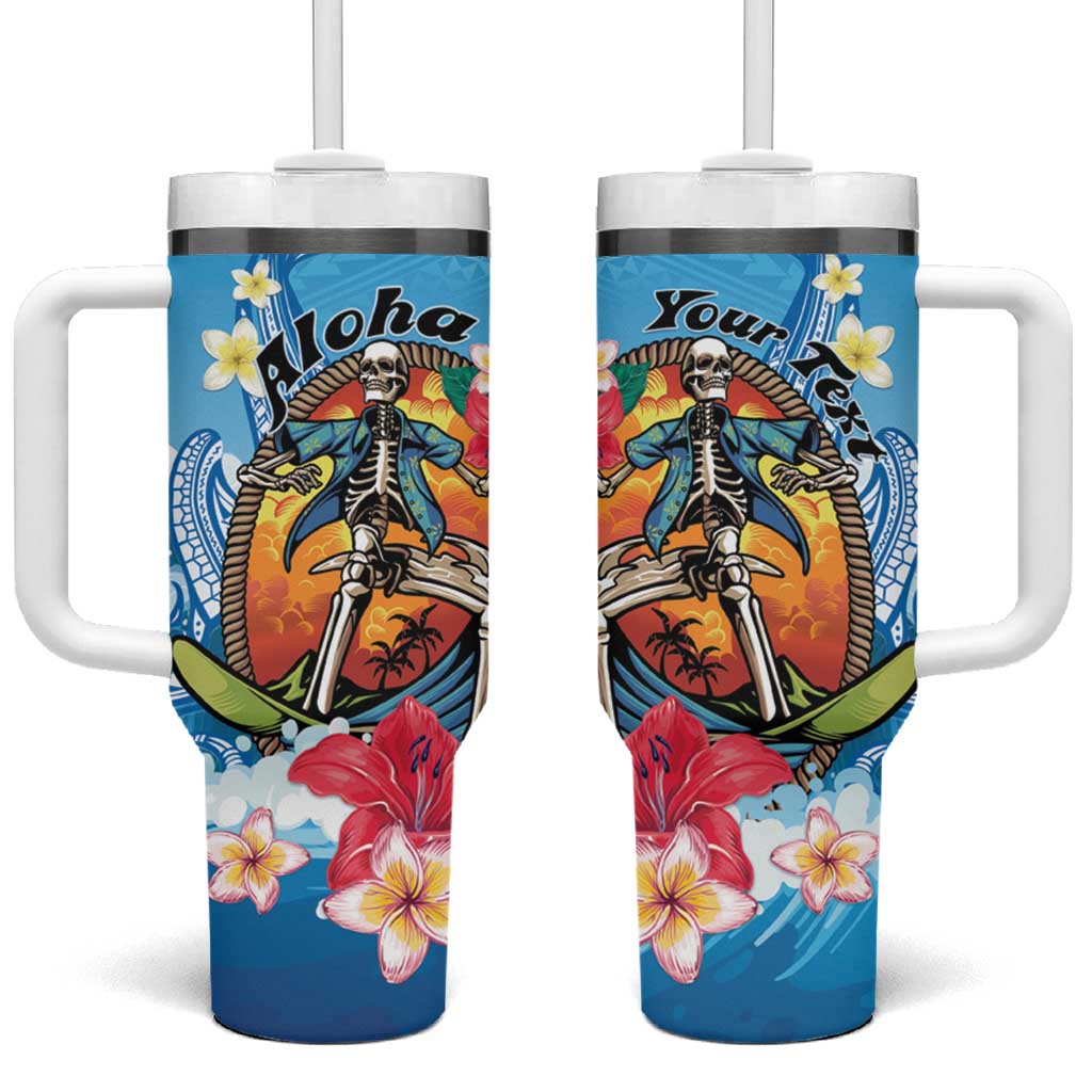 Personalized Aloha Hawaii Skeleton Surfing Tumbler With Handle Tribal Shark Plumeria LT01 One Size: 40 oz Blue - Polynesian Pride