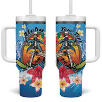 Personalized Aloha Hawaii Skeleton Surfing Tumbler With Handle Tribal Shark Plumeria LT01 One Size: 40 oz Blue - Polynesian Pride