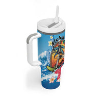 Personalized Aloha Hawaii Skeleton Surfing Tumbler With Handle Tribal Shark Plumeria LT01 - Polynesian Pride