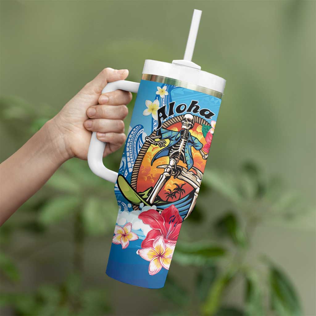 Personalized Aloha Hawaii Skeleton Surfing Tumbler With Handle Tribal Shark Plumeria LT01 - Polynesian Pride
