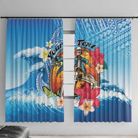 Personalized Aloha Hawaii Skeleton Surfing Window Curtain Tribal Shark Plumeria LT01 With Hooks Blue - Polynesian Pride