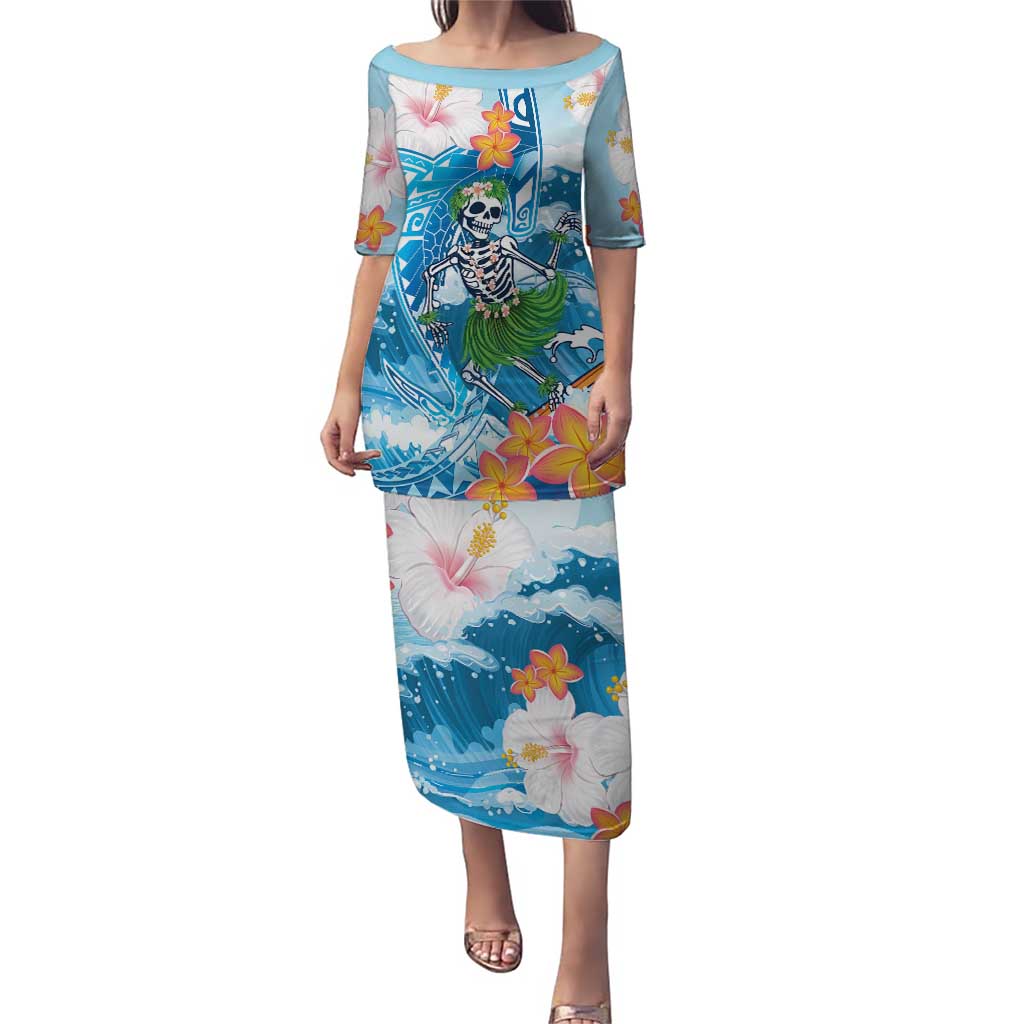 Personalized Hawaii Hula Girl Skeleton Dancing Puletasi Hibiscus Tribal Shark LT01 Long Dress Blue - Polynesian Pride