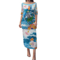Personalized Hawaii Hula Girl Skeleton Dancing Puletasi Hibiscus Tribal Shark LT01 Long Dress Blue - Polynesian Pride