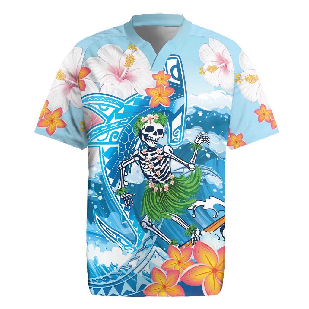 Personalized Hawaii Hula Girl Skeleton Dancing Rugby Jersey Hibiscus Tribal Shark LT01 Blue - Polynesian Pride