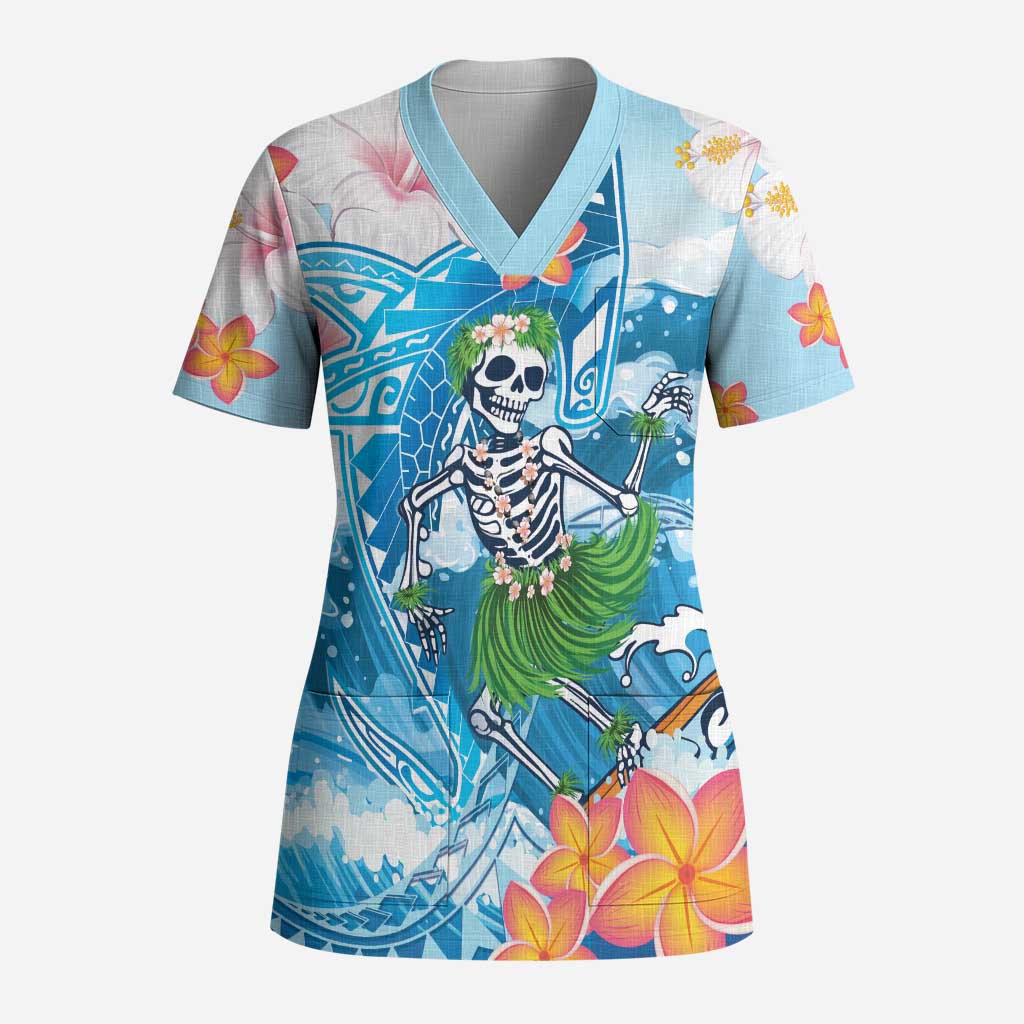 Personalized Hawaii Hula Girl Skeleton Dancing Scrub Top Hibiscus Tribal Shark LT01 Adult Blue - Polynesian Pride
