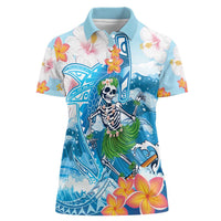 Personalized Hawaii Hula Girl Skeleton Dancing Women Polo Shirt Hibiscus Tribal Shark LT01 Female Blue - Polynesian Pride