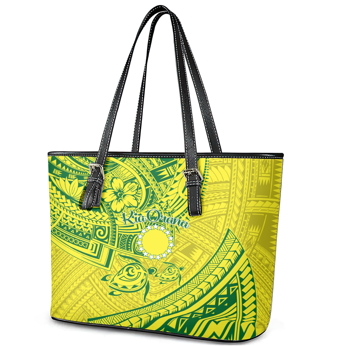 Kia Orana Cook Islands Leather Tote Bag Turtle Yellow Green Polynesian Pattern LT01 - Polynesian Pride