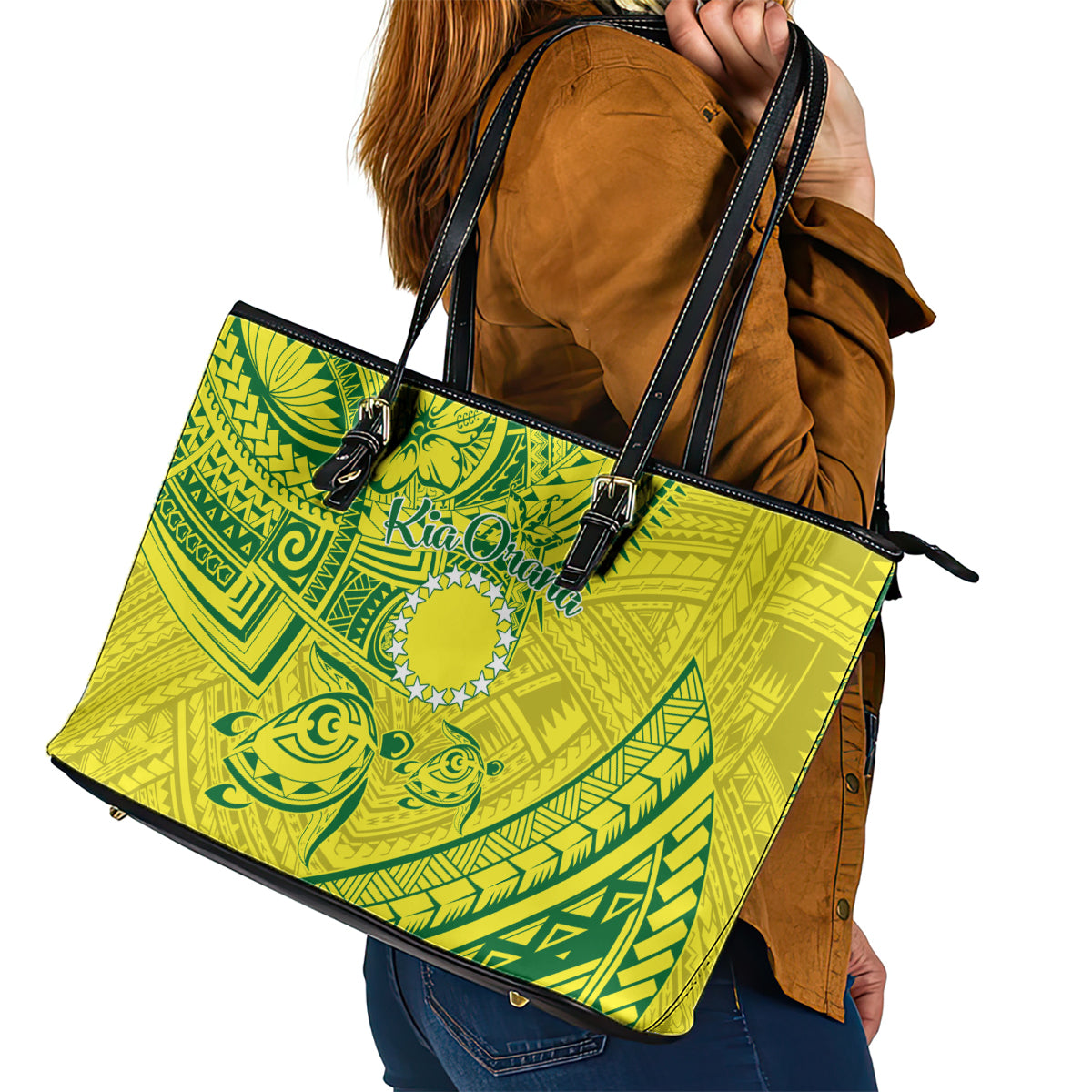 Kia Orana Cook Islands Leather Tote Bag Turtle Yellow Green Polynesian Pattern LT01 - Polynesian Pride