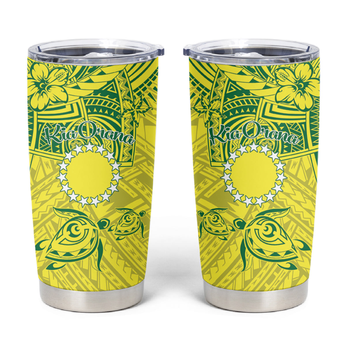 Kia Orana Cook Islands Tumbler Cup Turtle Yellow Green Polynesian Pattern LT01 Green - Polynesian Pride
