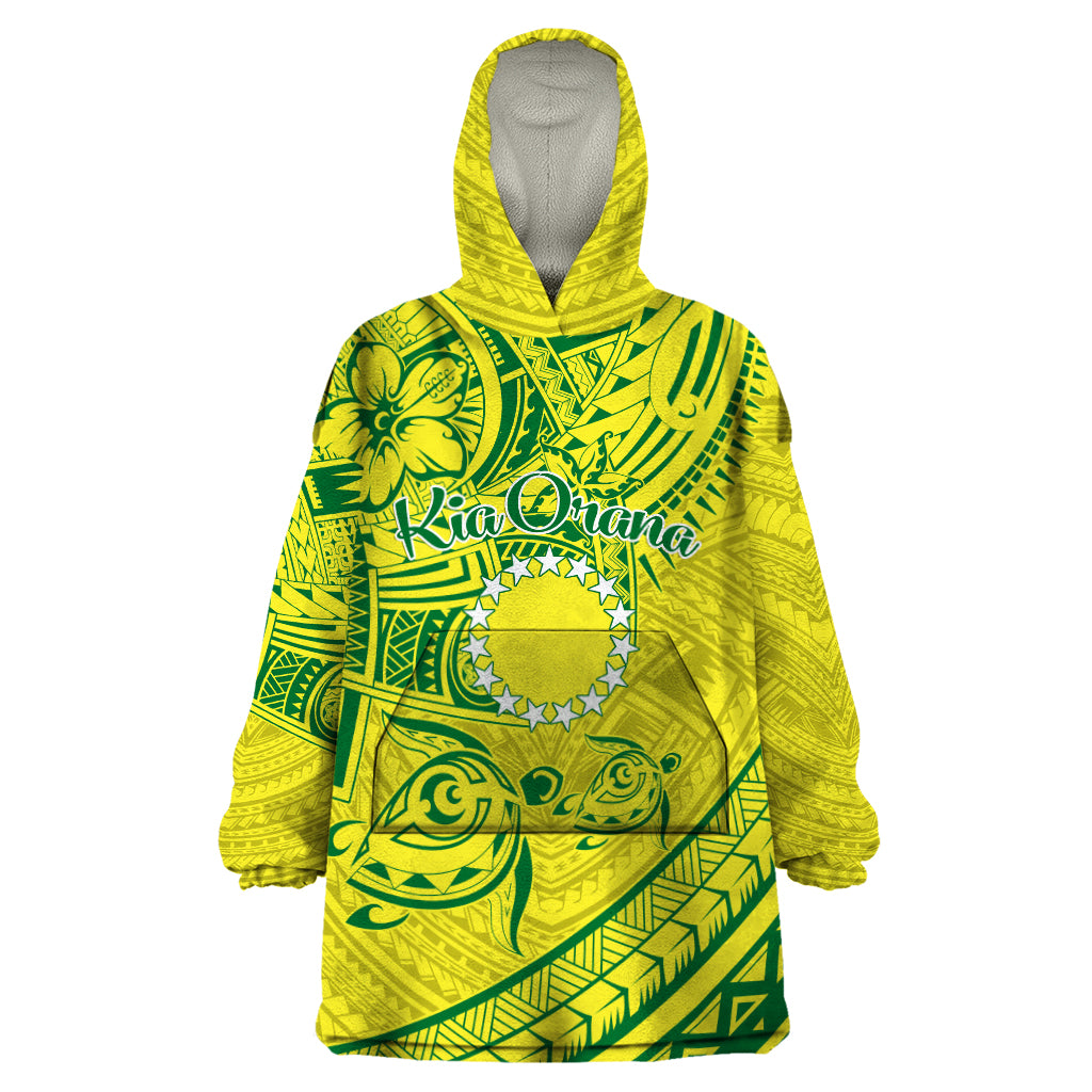 Kia Orana Cook Islands Wearable Blanket Hoodie Turtle Yellow Green Polynesian Pattern LT01 One Size Green - Polynesian Pride