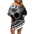 Kia Orana Cook Islands Family Matching Off Shoulder Short Dress and Hawaiian Shirt Circle Stars With Floral White Pattern LT01 Mom's Dress Black - Polynesian Pride