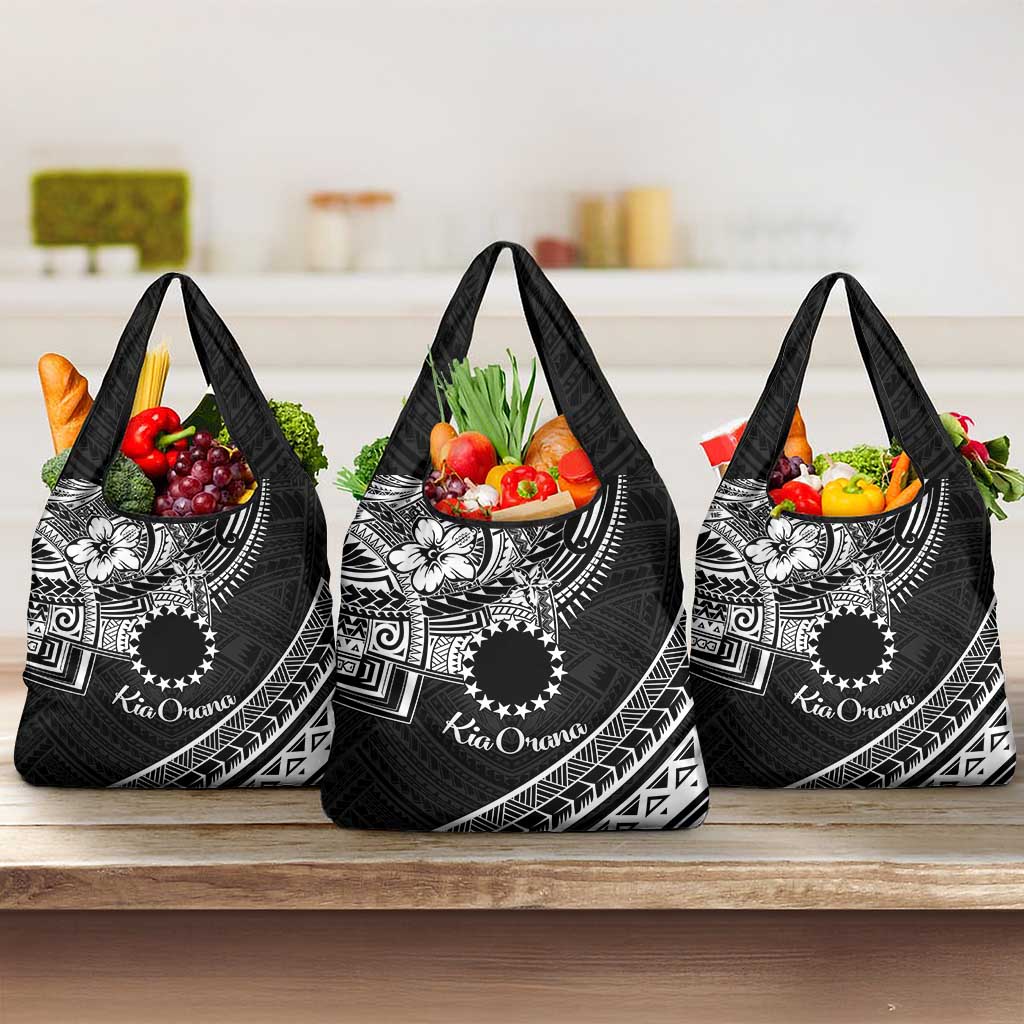 Kia Orana Cook Islands Grocery Bag Circle Stars With Floral White Pattern LT01 3-pack One Size Black - Polynesian Pride