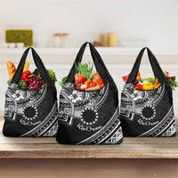 Kia Orana Cook Islands Grocery Bag Circle Stars With Floral White Pattern LT01 3-pack One Size Black - Polynesian Pride