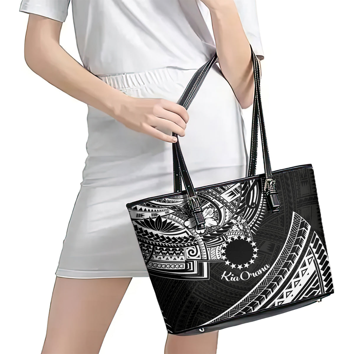 Kia Orana Cook Islands Leather Tote Bag Circle Stars With Floral White Pattern LT01 - Polynesian Pride