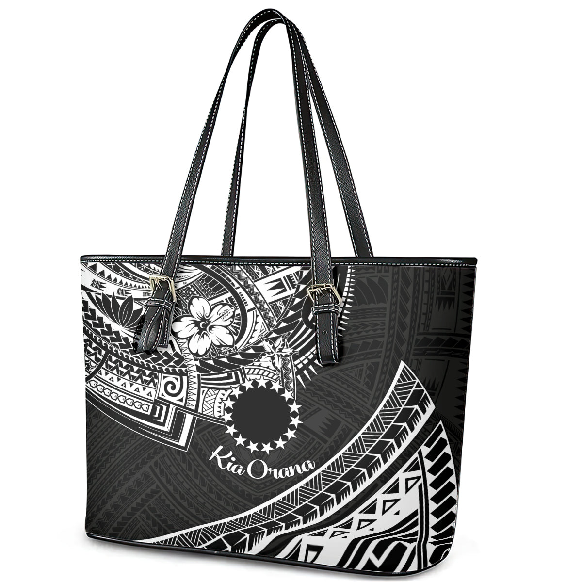 Kia Orana Cook Islands Leather Tote Bag Circle Stars With Floral White Pattern LT01 - Polynesian Pride