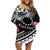 Kia Orana Cook Islands Off Shoulder Short Dress Circle Stars With Floral White Pattern LT01 Women Black - Polynesian Pride