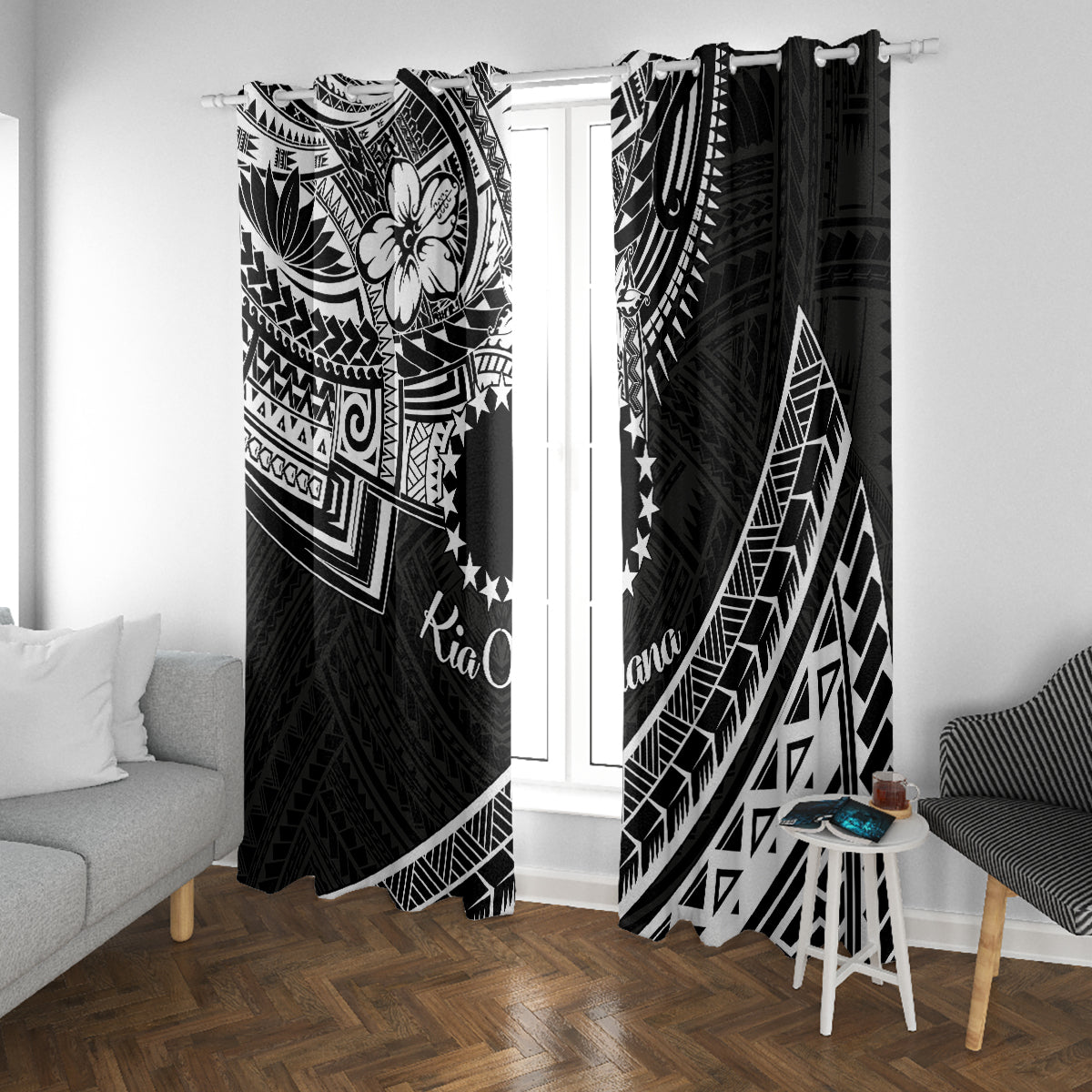 Kia Orana Cook Islands Window Curtain Circle Stars With Floral White Pattern LT01 With Grommets Black - Polynesian Pride