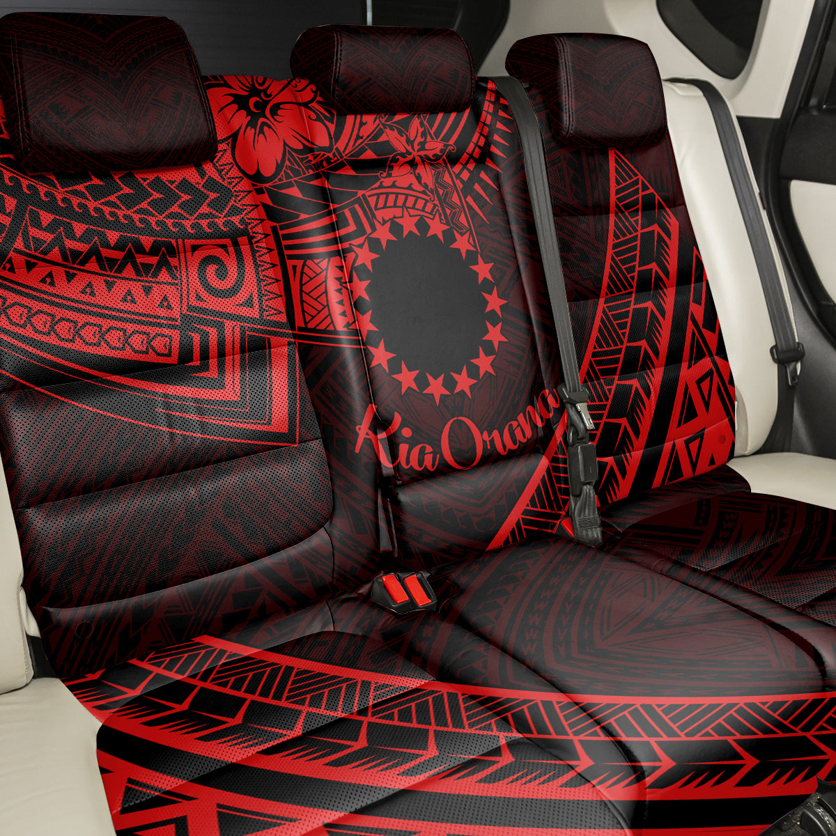 Kia Orana Cook Islands Back Car Seat Cover Circle Stars With Floral Red Pattern LT01 - Polynesian Pride