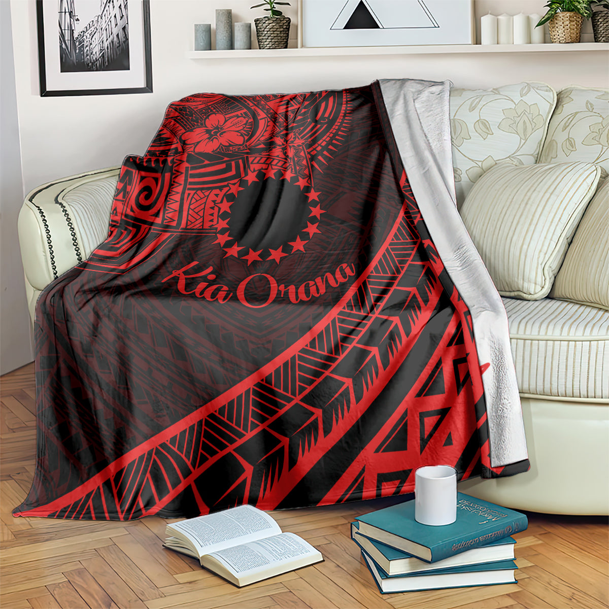 Kia Orana Cook Islands Blanket Circle Stars With Floral Red Pattern LT01 - Polynesian Pride