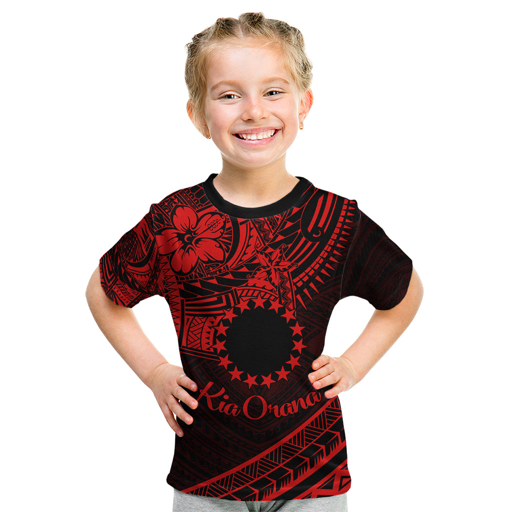 Kia Orana Cook Islands Kid T Shirt Circle Stars With Floral Red Pattern LT01 Red - Polynesian Pride
