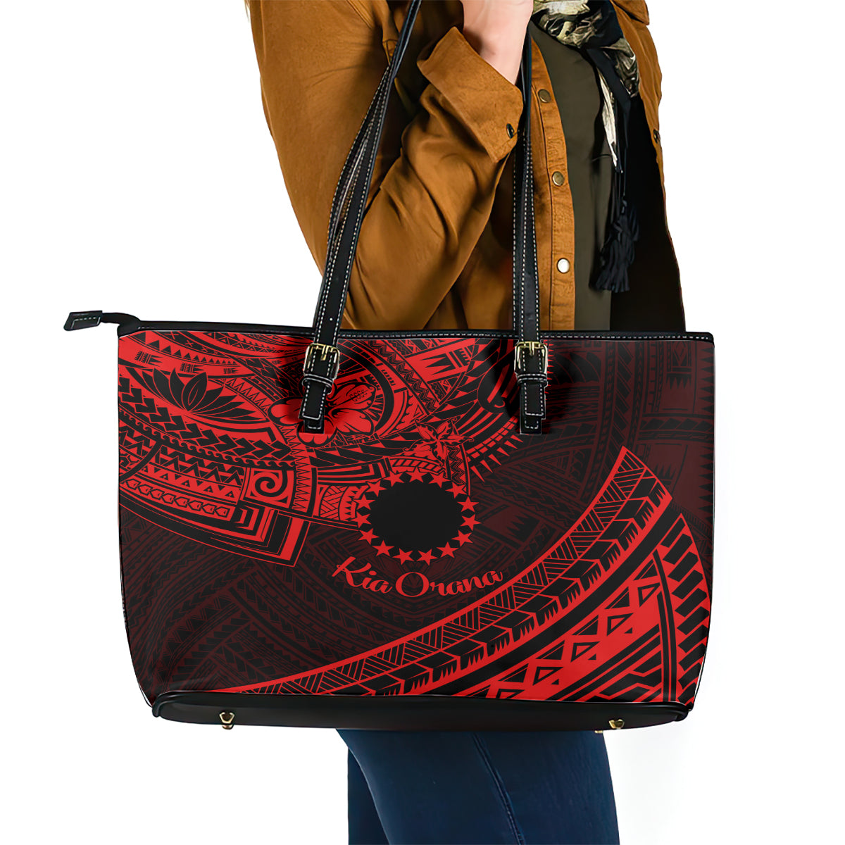 Kia Orana Cook Islands Leather Tote Bag Circle Stars With Floral Red Pattern LT01 - Polynesian Pride