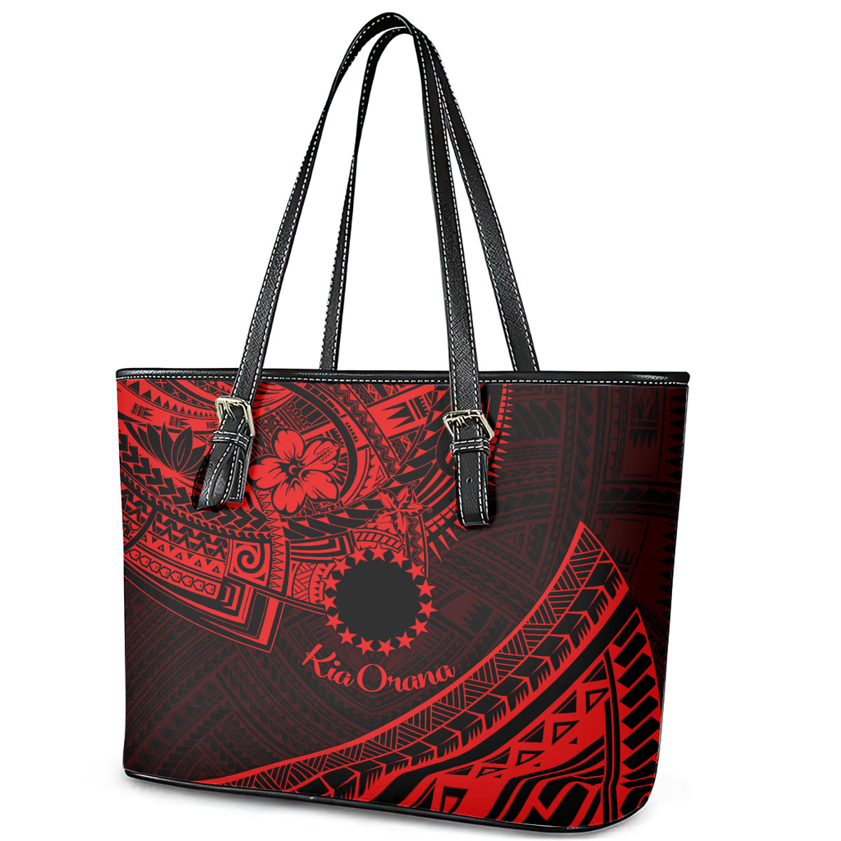 Kia Orana Cook Islands Leather Tote Bag Circle Stars With Floral Red Pattern LT01 - Polynesian Pride