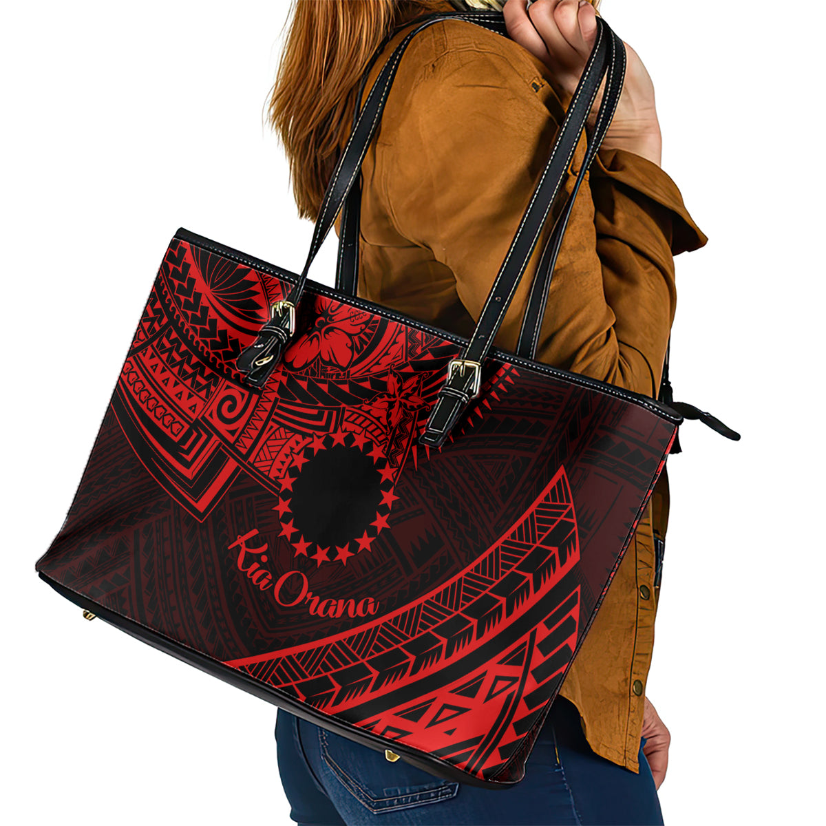 Kia Orana Cook Islands Leather Tote Bag Circle Stars With Floral Red Pattern LT01 - Polynesian Pride