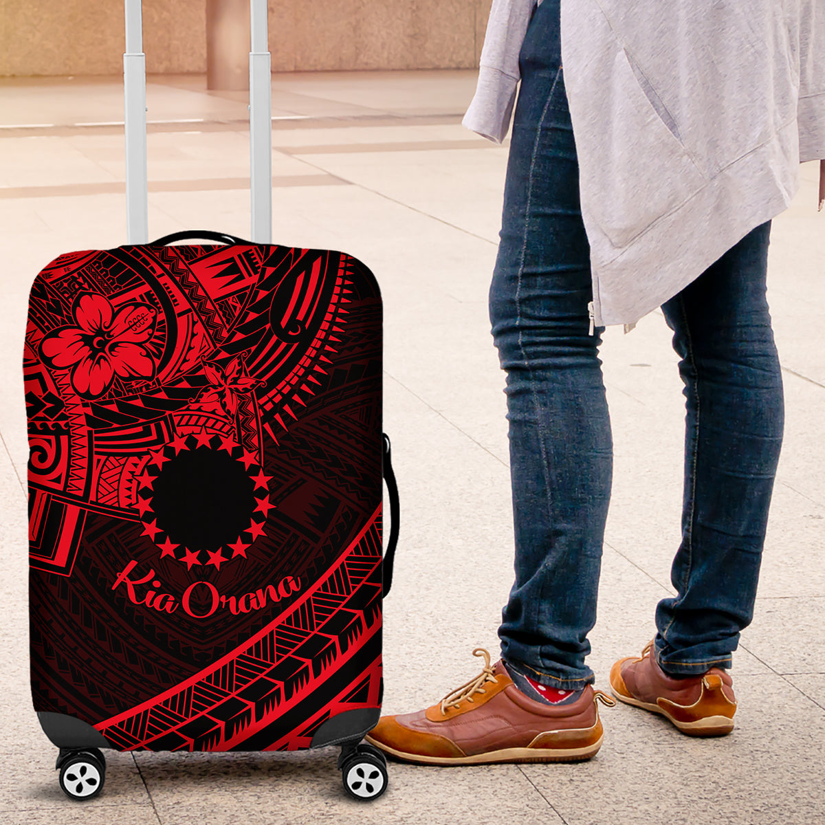 Kia Orana Cook Islands Luggage Cover Circle Stars With Floral Red Pattern LT01 Red - Polynesian Pride
