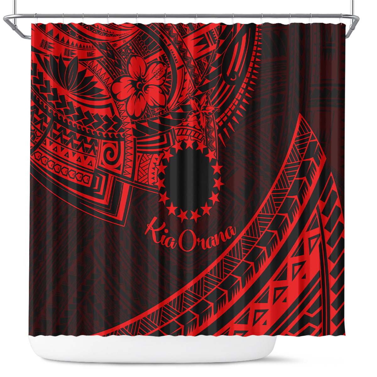 Kia Orana Cook Islands Shower Curtain Circle Stars With Floral Red Pattern LT01 Red - Polynesian Pride