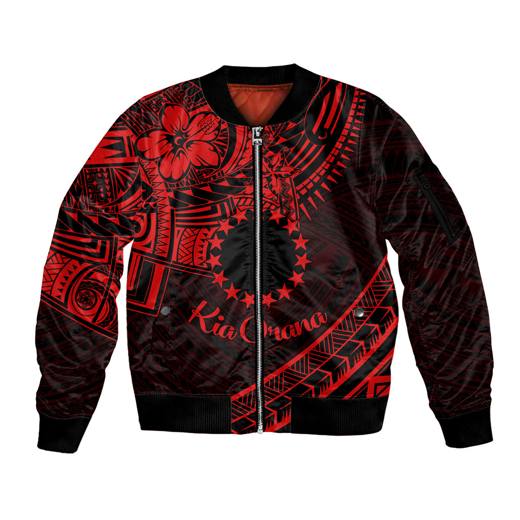 Kia Orana Cook Islands Sleeve Zip Bomber Jacket Circle Stars With Floral Red Pattern LT01 Unisex Red - Polynesian Pride