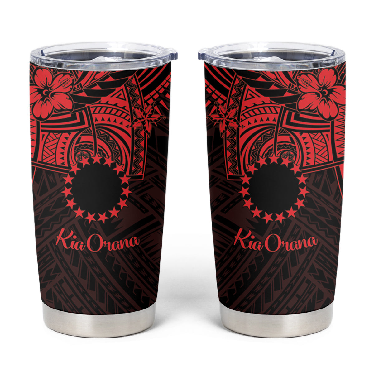 Kia Orana Cook Islands Tumbler Cup Circle Stars With Floral Red Pattern LT01 Red - Polynesian Pride