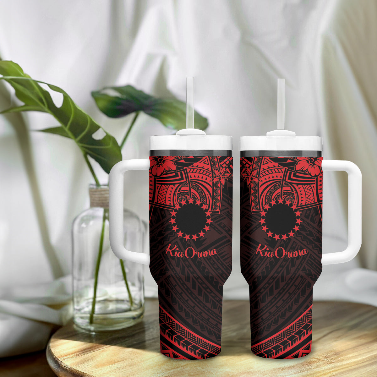 Kia Orana Cook Islands Tumbler With Handle Circle Stars With Floral Red Pattern LT01 - Polynesian Pride
