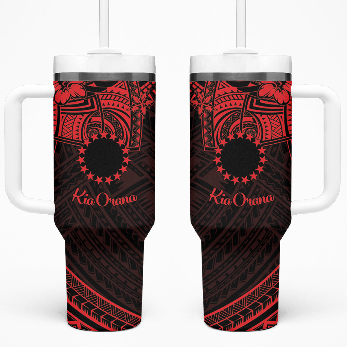 Kia Orana Cook Islands Tumbler With Handle Circle Stars With Floral Red Pattern LT01 One Size: 40 oz Red - Polynesian Pride