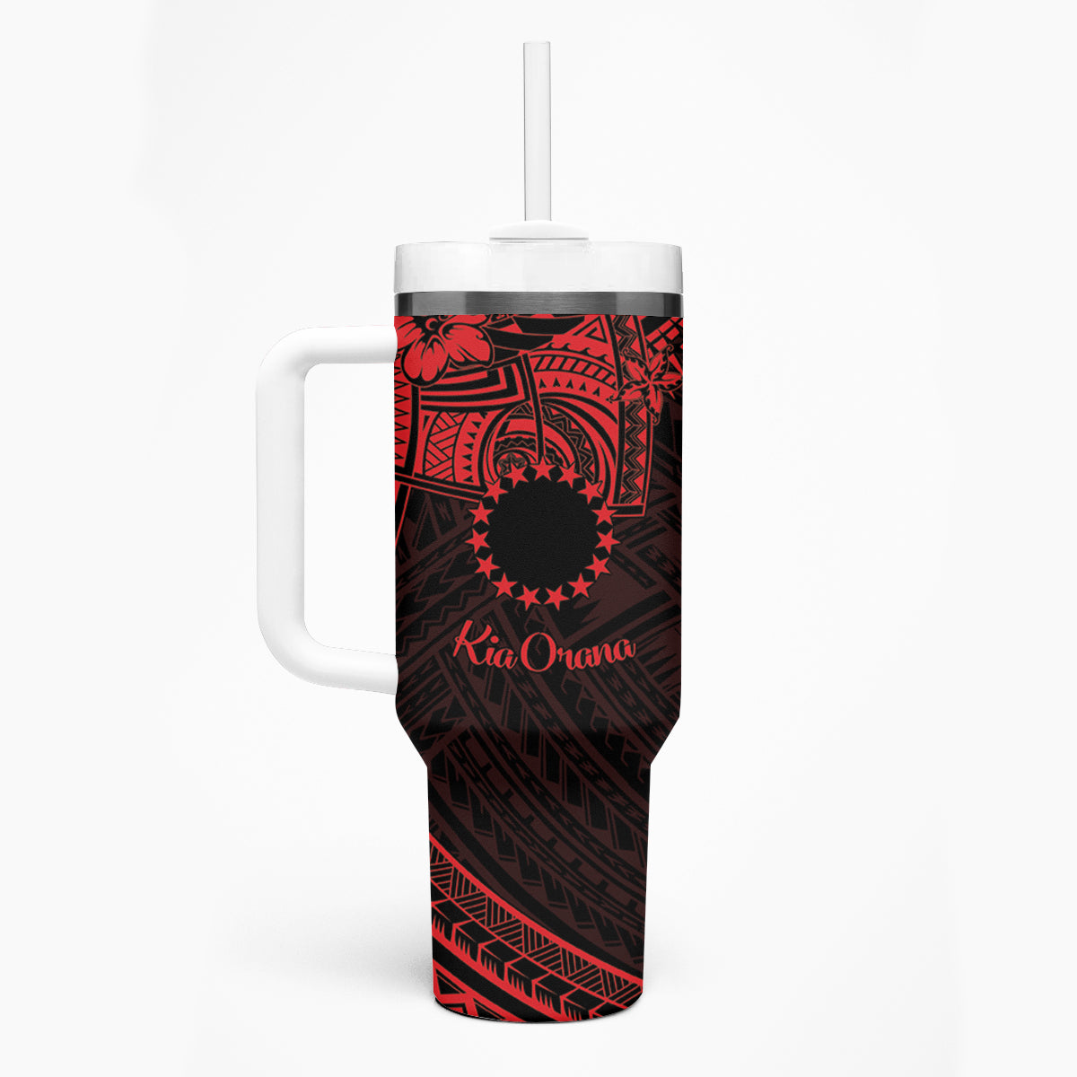 Kia Orana Cook Islands Tumbler With Handle Circle Stars With Floral Red Pattern LT01 - Polynesian Pride