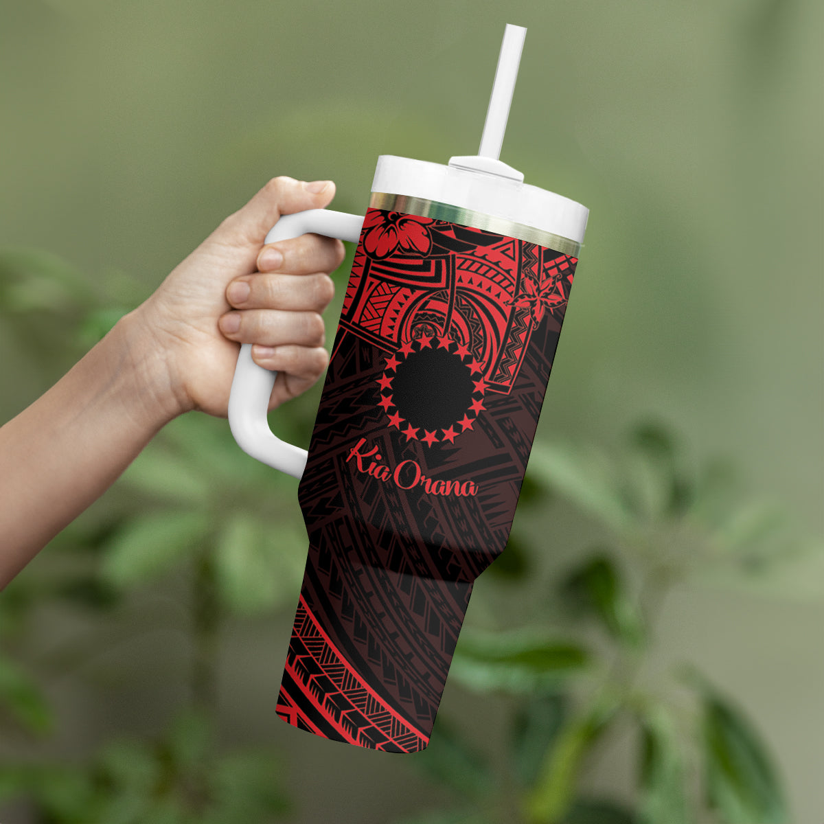 Kia Orana Cook Islands Tumbler With Handle Circle Stars With Floral Red Pattern LT01 - Polynesian Pride