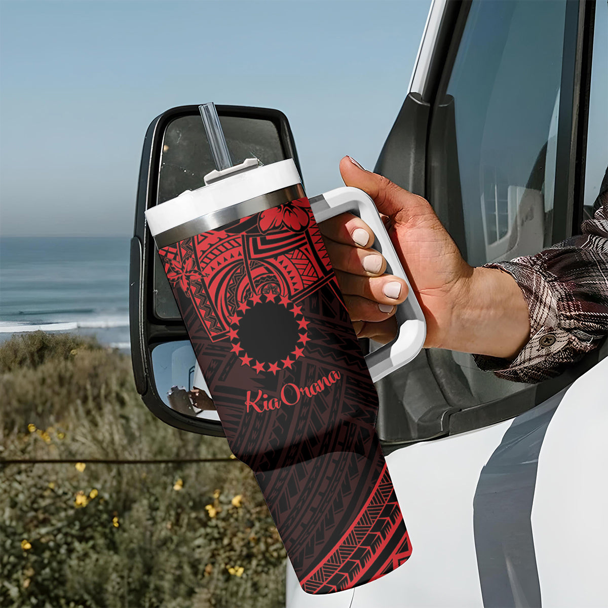 Kia Orana Cook Islands Tumbler With Handle Circle Stars With Floral Red Pattern LT01 - Polynesian Pride