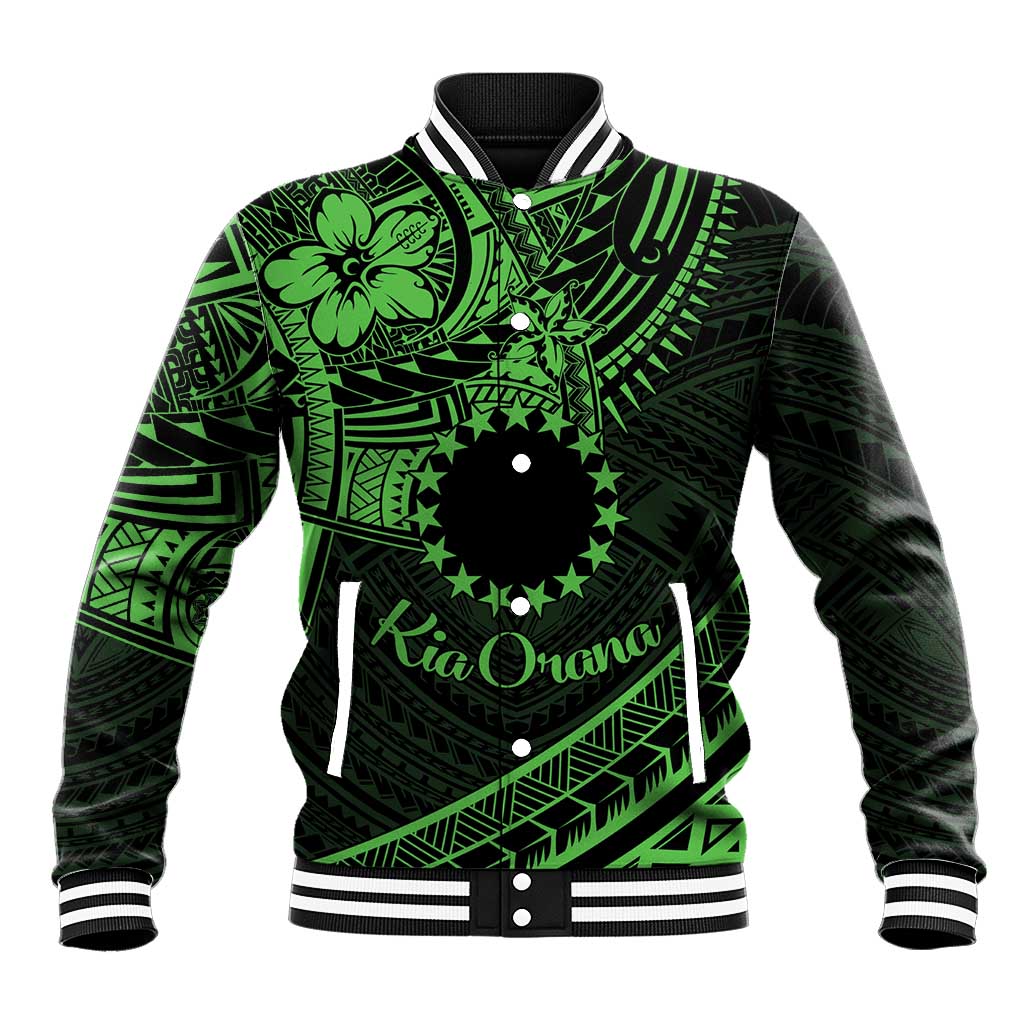 Kia Orana Cook Islands Baseball Jacket Circle Stars With Floral Green Pattern LT01 Unisex Green - Polynesian Pride