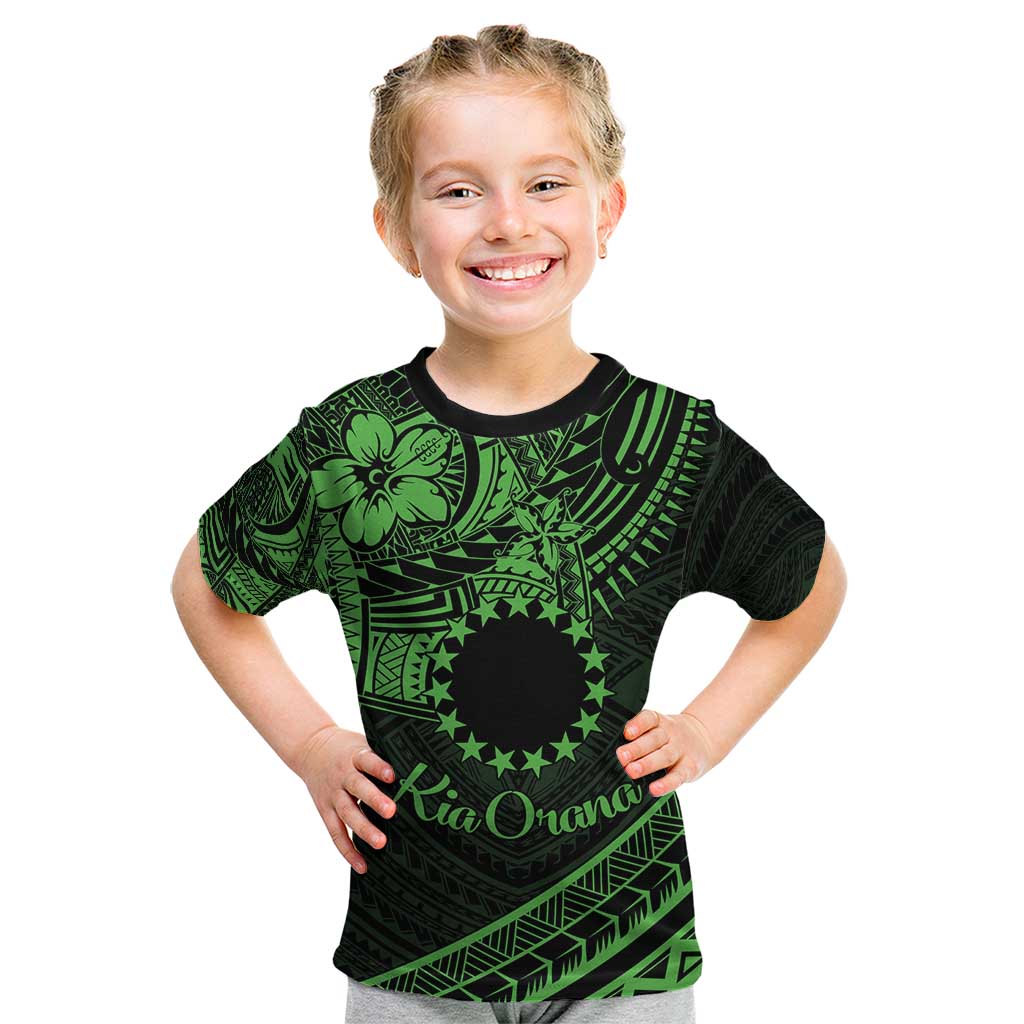 Kia Orana Cook Islands Kid T Shirt Circle Stars With Floral Green Pattern LT01 Green - Polynesian Pride